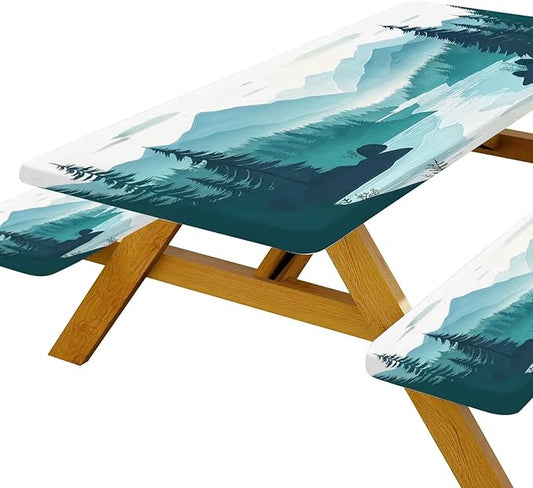 Picnic Table Cover with Bench Covers, Mountains Green Lake Tree Camping Essentials Tablecloth Fitted Rectangle Tables and Seats, Misty Landscape with Elastic Windproof Edges Picnic Table Cloth Cover