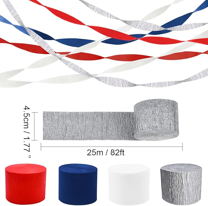 PheiLa Crepe Paper Streamers 4 Rolls 328ft, Red White Blue Silver Paper Party Streamers Patriotic Decorations for 4th of July Independence Day Memorial Day Birthday Wedding Party Decoration