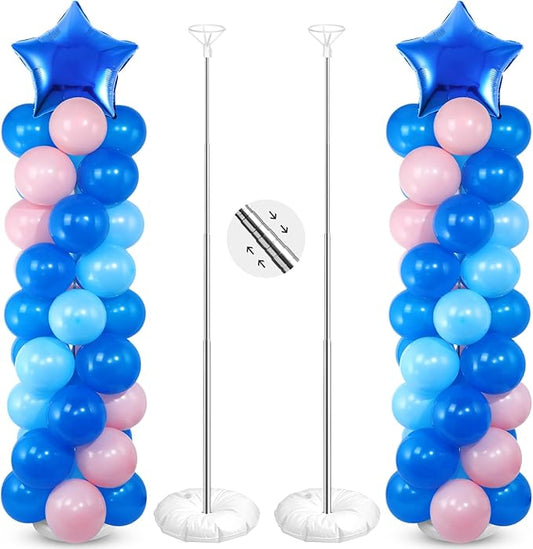 Seematn 2 Sets Pastel Blue and Pink Balloon Column Stand Kit with 2 Cartoon Star Balloons 105 Latex Balloons, Adjustable Balloon Stands for Hawaii Gender Reveal Baby shower Birthday Decor(Classic)