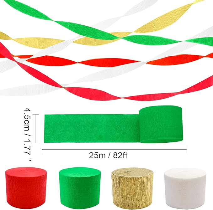 PheiLa Christmas Party Supplies, 4 Rolls Red Green White Gold Crepe Paper Streamers for Wedding Birthday Baby Bridal Shower Home Party Backdrop Decorations, 1.77 Inch x 82 Ft/Roll, 328ft