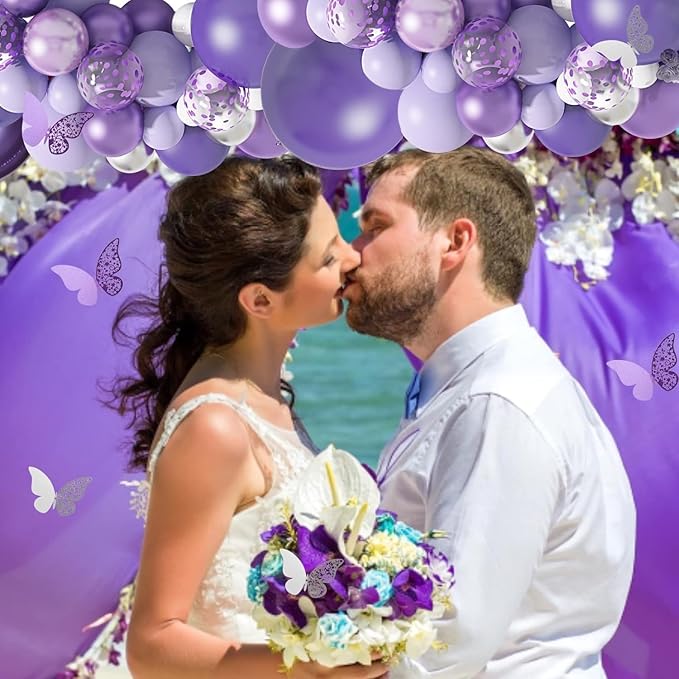 Amandir 144Pcs Purple Balloons Garland Arch Kit for Butterfly Baby Shower Decorations for Girl, 12Pcs Butterfly Stickers Lavender Purple Confetti Metallic Balloon for Birthday Wedding Party Decoration