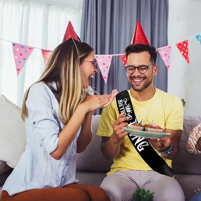 Birthday King Sash, Funny Black Satin Sash with Silver Foil Lettering Birthday Sashes for Boys or Men 10th 13th 16th 18th 21st 30th 40th 50th 60th or Any Birthday Party Supplies Gifts Favors.