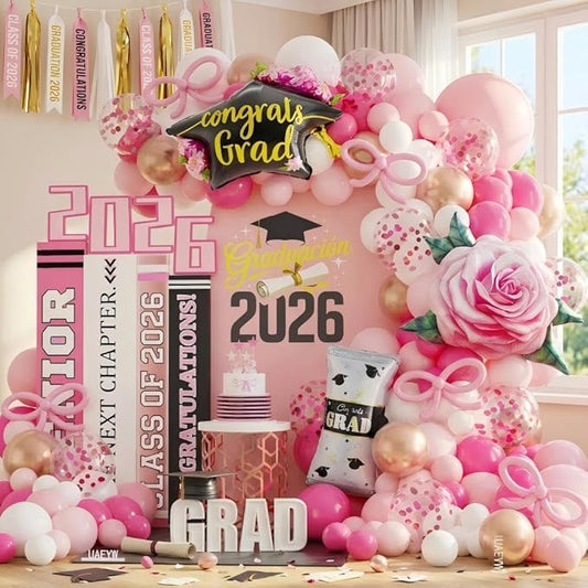 137pcs Pink Graduation Balloon Arch Kit,Graduation Decorations 2026 with Grad Cap & Diploma Balloon for Congrats Class of 2026 Celebrations Party Supplies (pink,gold)