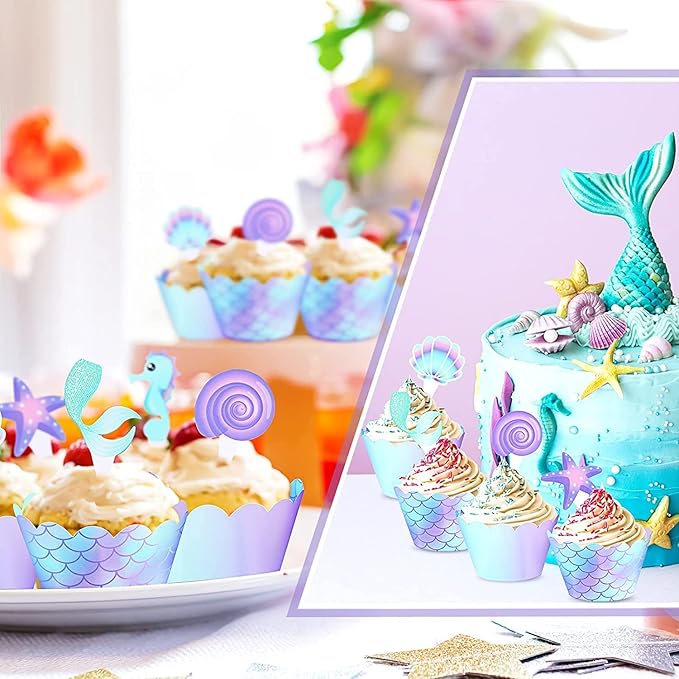 120 Pcs Mermaid Cupcake Wrappers Toppers, Include 60 Cake Topper and 60 Wrappers Double Side, Little Mermaid Theme Decoration Under The Sea Birthday Baby Shower Party Favor