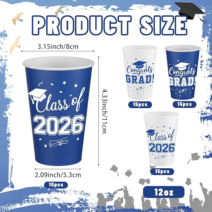 LemonRoad 60 Pcs 12 oz Graduation Paper Cups 2026 Blue and White Graduation Decorations Class of 2026 Grad Cups Congrats Grad Party Disposable Tablewares for School Party Supplies Home