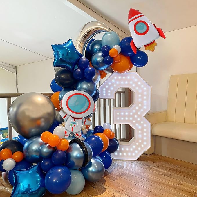 Outer Space Balloon Arch Garland Kit,119 PCS Navy Blue Metallic Silver Blue Balloon UFO Rocket Astronaut Balloons for Boys Kids Space Birthday Party Decorations