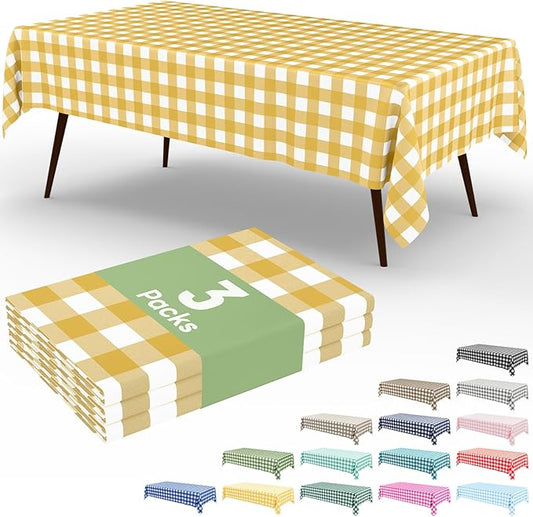 Smiry 3 Pack Gold Gingham Disposable Tablecloths - 54" x 108" Heavy Duty Plastic Table Cloth, Waterproof Buffalo Plaid Table Covers for Picnic, Banquets, Parties