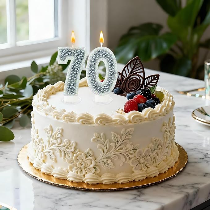 70 Birthday Number Candle for Cake, Glitter Number Candle with Silver Beads, Decorative Cake Topper for Milestone Celebrations