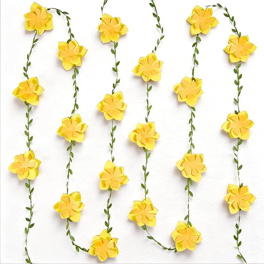 2PCS Yellow Flower Garland, Narcissus Party Decorations, Daffodil Flower Leaves Banner, Spring Wildflower Garland for Birthday Baby Shower Wedding Garden Decor