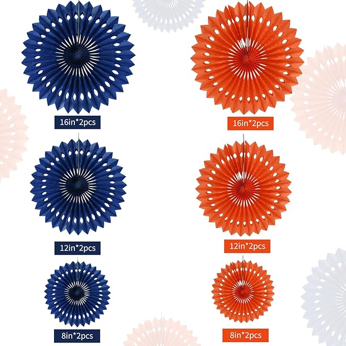 BEISHIDA Blue Orange Tissue Hanging Honeycomb Round Paper Fans Decoration Set for Birthday Baby Shower Bachelorette Wedding Photo Booth Backdrops Anniversary Paper Party Supplies(12 Packs)