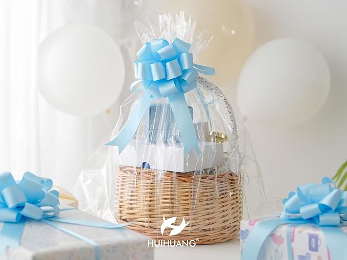 HUIHUANG Blue Bows for Gift Wrapping 12 PCS Baby Blue Pull Bows 4 inch Satin Gift Bow for Presents, Gift Basket, Paper Bag, Baby Shower Favors, Wrapping Accessories, Wedding Holiday Decor