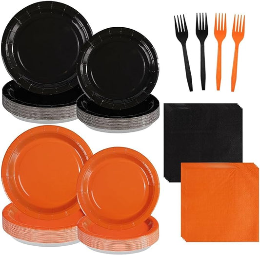 Grencian 96Pcs Orange and Black Graduation Party Decorations Orange and Black Plates and Napkins Disposable Graduation Tableware Set for Birthday Wedding Congrats Grad Holiday Party Supplies Serves 24