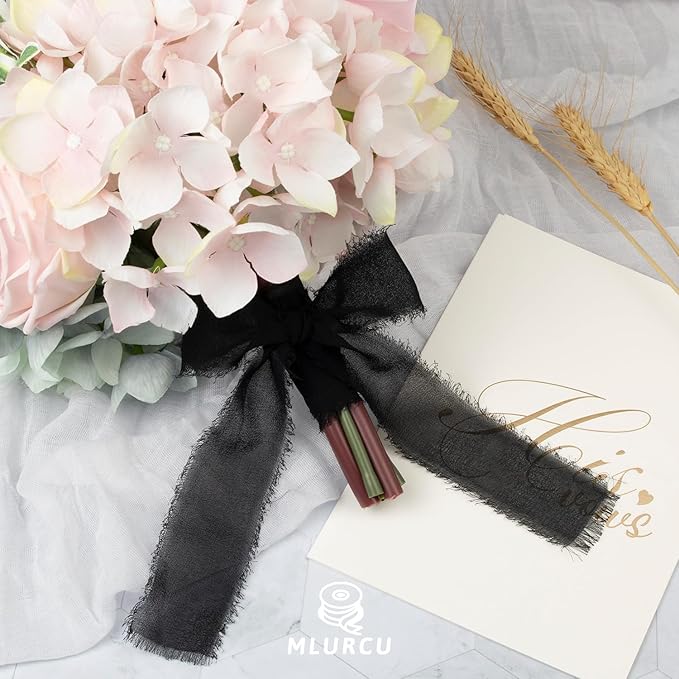 Black Chiffon Ribbon 1-1/2 Inch x 21Yards Handmade Fringe Chiffon Silk Ribbon Boho Frayed Ribbon Black Ribbon for Wedding Invitation, Bridal Flower Bouquets, Floral Arrangement, Gift Wrapping
