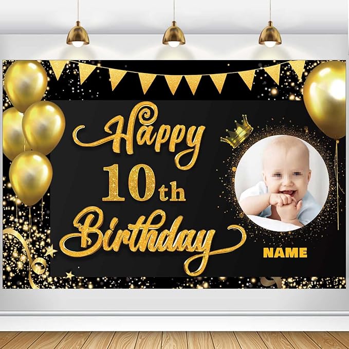 Custom Happy 10th Birthday Decorations Banner -10 Years Old Birthday Decorations Backdrop for Women Men Boys Girls - Personalization Happy 10th Birthday Party Decorations Supplies - Black and Gold