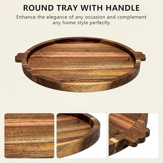 13" Round Acacia Wood Tray with 2 Built-in Handles | Versatile Serving Board for Coffee Table, Parties & Daily Dining | Large Charcuterie & Cheese Platter, Decorative Gift Tray