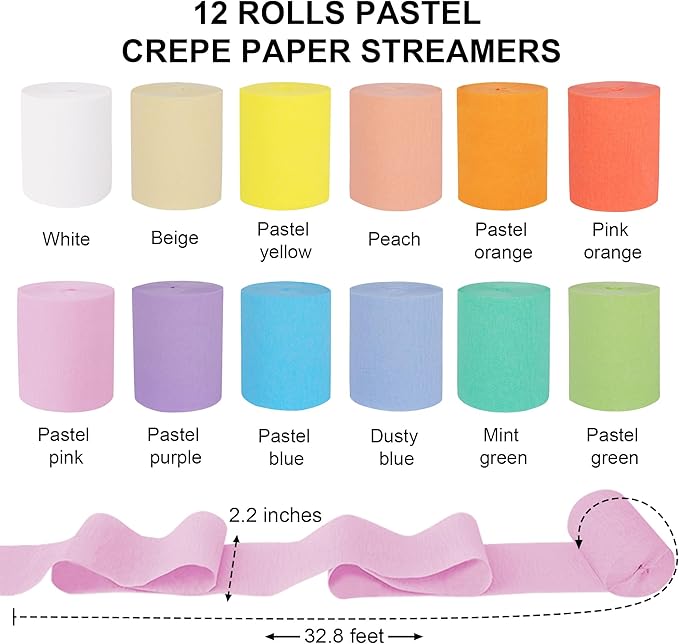 Oubest Pastel Crepe Paper Streamers Party Decorations, 12 PCS Crepe Paper Rolls Colorful Streamers for Pastel Rainbow Birthday, Baby Shower, Wedding Mermaid Candyland Party Backdrop Decor DIY Crafts