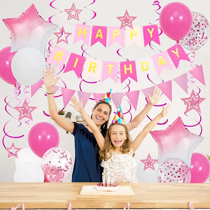 Pink Birthday Decorations, Happy Birthday Banner and Pink Star Balloons, Glitter Hanging Stars with Hanging Swirls, Bunting Banner, for Women Girls Party Decoration