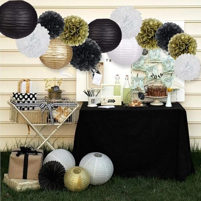 Black Gold Party Decorations, Black Gold Paper Lanterns and Pom Poms Flowers for Birthday Graduation Masquerade New Years Party Decor 15 Pieces