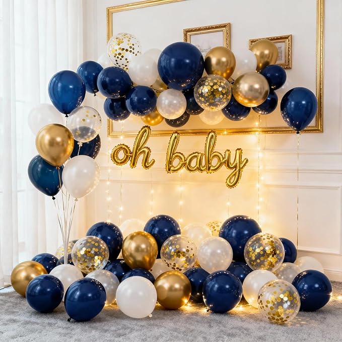 Navy Blue Gold White Balloons Arch Kit -129pcs Double Stuffed Royal Blue Chrome Gold Pearl Sand White Confetti Balloons Garland for Graduation Fathers Day Birthday New Year Wedding Party Decorations