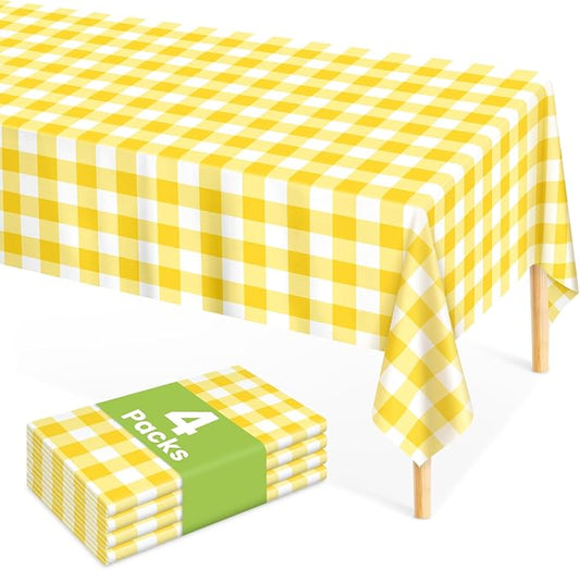 Mulbozy 4 Pcs Yellow Checkered Tablecloth 54 ×108 Inches Rectangle Yellow Gingham Tablecover Disposable Plastic Waterproof Table Cover for Outdoor Picnic, Kitchen, Holiday Birthday Party