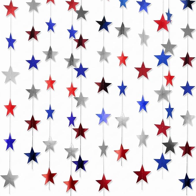 Patelai 130ft Glitter Star Garland, Red Silver Blue Patriotic Streamers Bunting Banner for 4th of July Independence Day Decorations, Memorial Veterans Day, 2026 Graduation Party Supplies