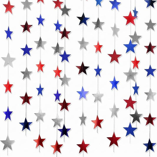 Patelai 130ft Glitter Star Garland, Red Silver Blue Patriotic Streamers Bunting Banner for 4th of July Independence Day Decorations, Memorial Veterans Day, 2026 Graduation Party Supplies