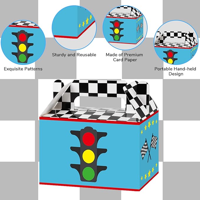 Tevxj 12 Pieces Race Car Party Favor Boxes Two Fast Goodies Candy Treat Bags Race Car Birthday Party Favors Checkered Gift Bags for Boys Kids Let's Go Racing Themed Supplies Box 6 x 3 x 3.5 Inches