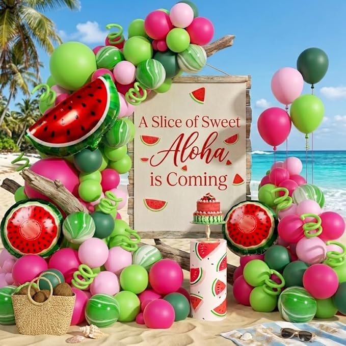 Fruit Balloon Garland Arch Kit - 157Pcs Watermelon Balloons Hot Pastel Pink Lime Green Balloon Arch Kit for Summer One in a Melon Theme Birthday Baby Shower Party Decorations