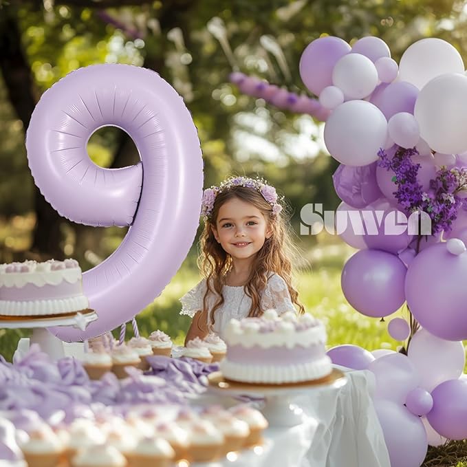 SUWEN 40 Inch Light Purple Large 9 Balloon Number Big Foil Helium Lavender Number Balloons Huge Mylar 0-9 Giant Jumbo Happy 9th Birthday Party Anniversary Decorations