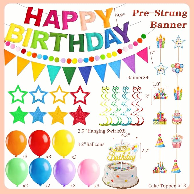 43PCS Pre-Strung 3D Felt Happy Birthday Banner Decorations, Rainbow Happy Birthday Banner Felt Pom Pom Garland Triangle Fabric Banner for Handmade Felt Reusable Birthday Banner Decorations Supplies