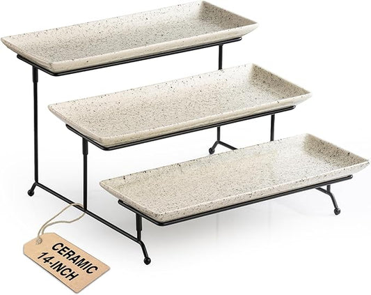 LAUCHUH 3 Tier Serving Trays for Party, 14 inch Porcelain Tiered Tray Stand Serving Platter with Collapsible Sturdier Rack Serving Dishes for Father's Day Entertaining, Speckled Glaze