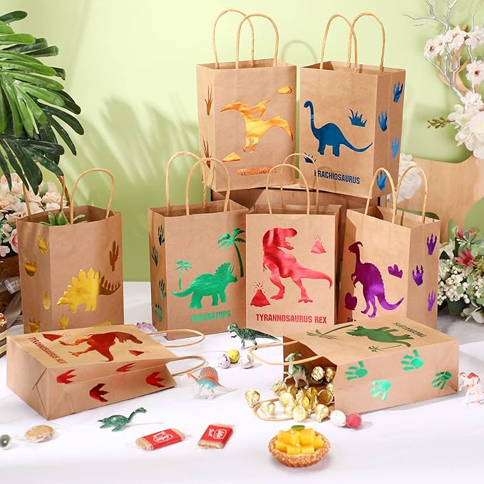 Pajean 24 Pcs Dinosaur Candy Bags with Handle, Dinosaur Party Favor Paper Bags Kids Gifts Goodie Treat Wrapping for Boys Girls Dino Theme Birthday Baby Shower Party Supplies(Lovely Style)