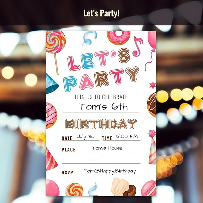 Sweet Candy Birthday Party Invitations, Let's Party Candyland Invites with Envelopes, 25 Pcs 4x6 Inch, Candy Donut Balloons Macarons, Childlike Bright Colors (Colorful Pattern)