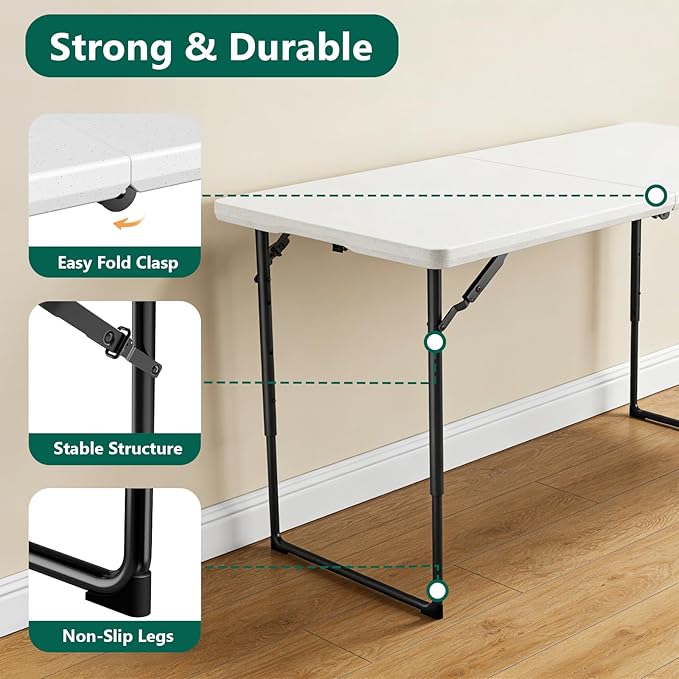 4ft Folding Table with Adjustable Height, Heavy Duty Fold-in-Half Plastic Table with Steel Legs, Portable for Indoor, Outdoor, Picnic, Camping, Dining, Party, White