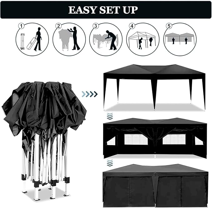 10x20 Pop Up Canopy Tents for Parties, Portable Outdoor Tent with Carry Bag & 4 Sandbags, for Wedding, Patio Events, Commercial, Birthday, Graduation (Black, 10x20)