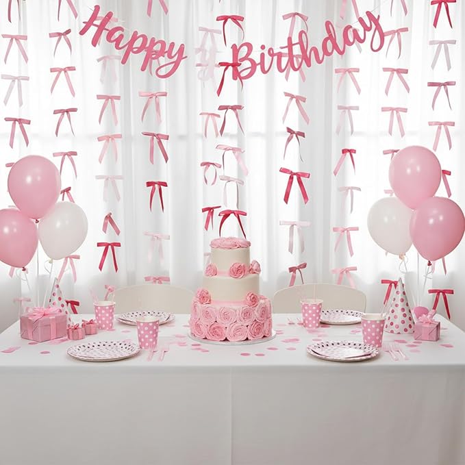 Taobary 8 Pcs 6.6 ft Bow Garland, Satin Ribbon Bow Banner Coquette Hanging Ornament for Photo Backdrop Birthday Party Wedding Bridal Baby Shower Wall Decorations(Elegant Pink,0.63 Inch)