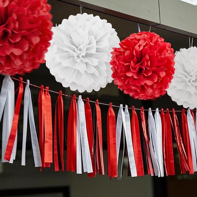 Capesaro Red and White Paper Pom Poms - 10",12" Tissue Pom Poms Decorations for Party Hanging Decor - 12 Piece Set