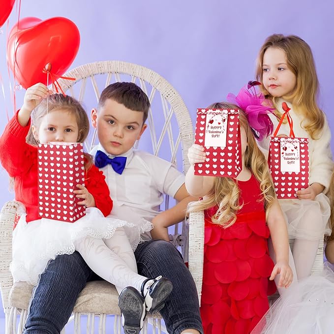 Fowecelt 24Pcs Valentines Day Gift Bags for Kids Red Party Favors Bags Goodie Snack Candy Paper Treat Bag with Cards for Valentines Party Favors Student Sclool Classroom Parties Decoration