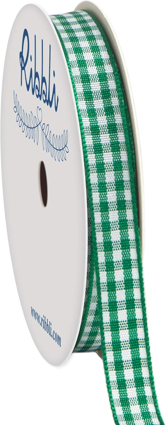 Ribbli Forest Green and White Gingham Ribbon,100% Polyester Woven Edge,3/8 Inch x 10 Yard,Plaid Ribbon Use for Gift Wrapping,Party Decoration