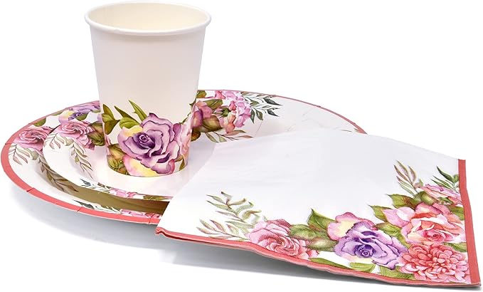 Gift Boutique 96 Pcs Floral Pink & Purple Flower Party Supplies Set Paper Plate Cup Napkin for Girl Baby Shower Tea Birthday Flowers Disposable Tableware Serves 24