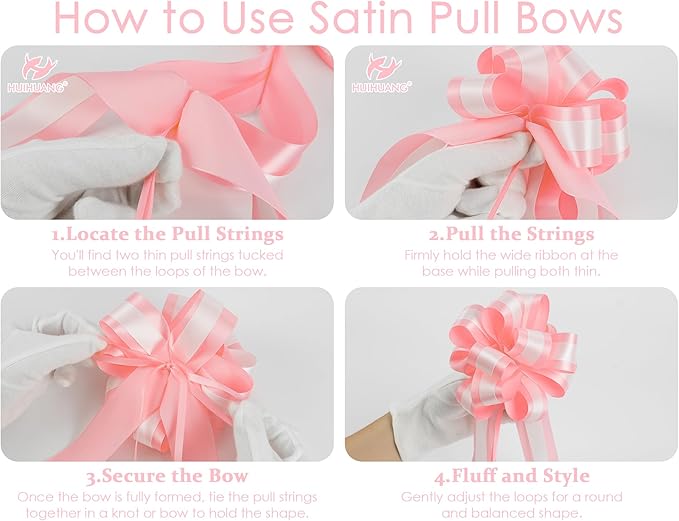 HUIHUANG Pink Pull Bows 12 PCS Baby Pink and White Double Layer Satin Pull Bows 6" x 10" Gift Bow for Gift Wrapping Gift Basket Flower Bouquets Baby Shower Favors Wedding Party Decor