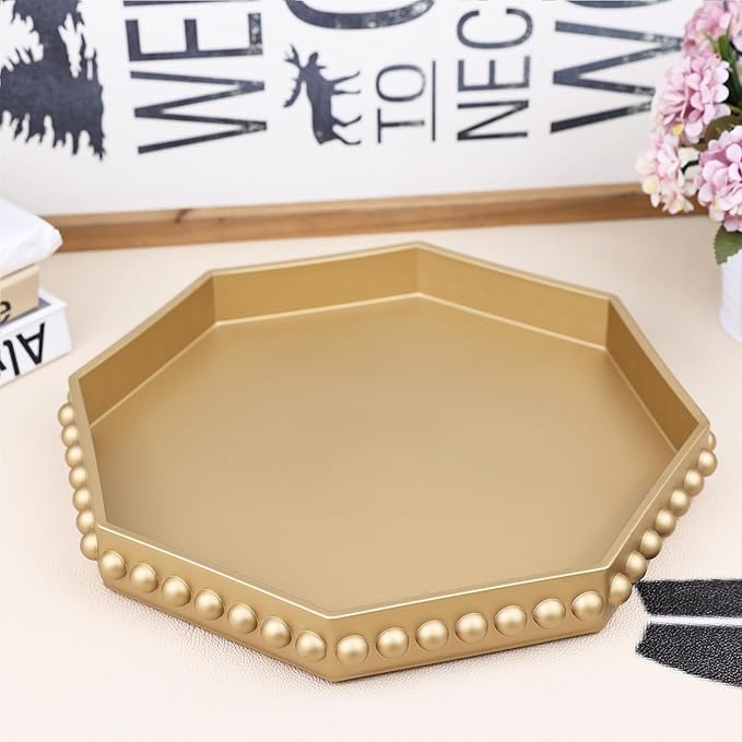 Gold Serving Tray for Coffee Table, Octagonal Beaded Plastic Decorative Tray for Ottoman, Kitchen Counter, Living Room, Outdoor Lacquer Tray for Entertaining