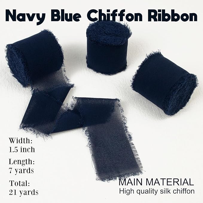 Navy Blue Chiffon Ribbon 1-1/2 Inch x 21 Yards Handmade Fringe Chiffon Silk Ribbon Frayed for Wrapping, Wedding Invitation, Bridal Flower Bouquets, Crafts