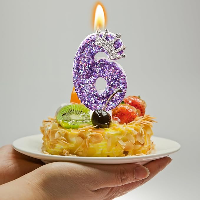 Birthday Number Candles,Purple Crown Birthday Candles for Cake,Glitter Number 6 Candle Cake Topper with Sequins for Anniversary Celebrations Supplies (Number 6)