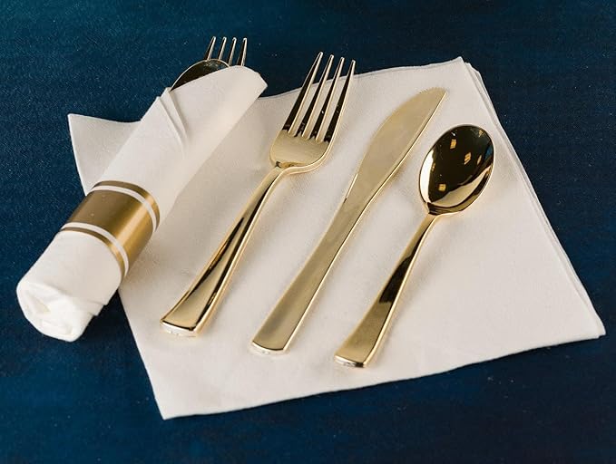 960 Piece Gold Plastic Silverware, Extra Heavyweight Disposable Cutlery Set, Full Size Gold Flatware Combo, 480 Forks 240 Spoons 240 Knives, Bulk Party & Wedding Utensils