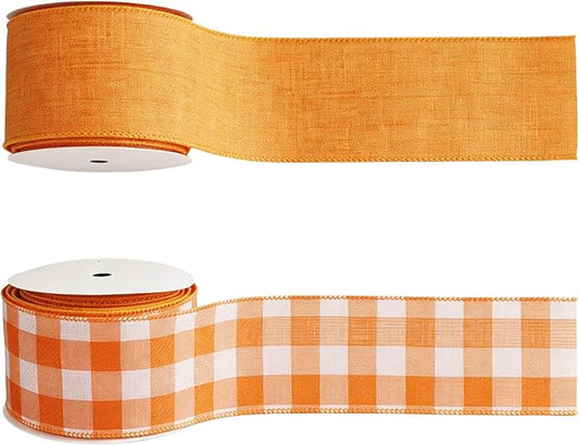 Meseey 2.5 Inch Fall Wired Ribbon Set, 2 Rolls Total 10 Yards Solid Orange & Orange White Buffalo Check Wired Edge Ribbon for Wreaths, Bows, Gift Wrapping, Thanksgiving & Halloween Decor