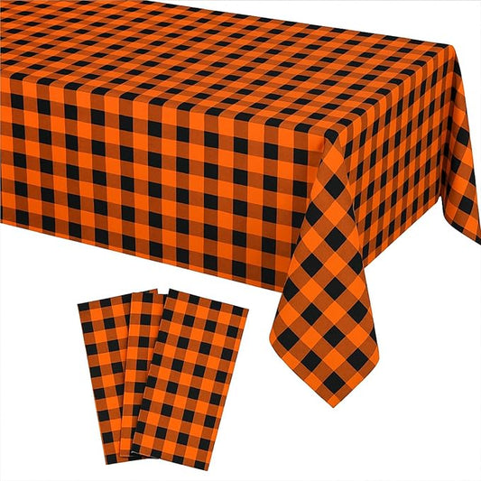 Remagr 3 Pcs Black and Orange Checkered Table Cloth 54 x 108 Inch Disposable Buffalo Plaid Plastic Table Cloth Waterproof Rectangle Gingham Tablecover for Picnic, Dining, Birthday Party Decor