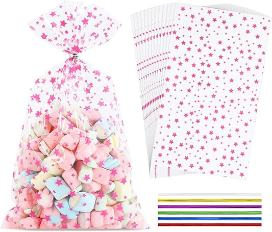 100Pcs Cellophane Treat Bags,7 X 12 Inches Pink Star Clear Cellophane Bags,100 Twist Ties,for Gift Wrapping,Packaging Candies,Dessert,Bakery, Cookies, Chocolate,Party Party Decorations