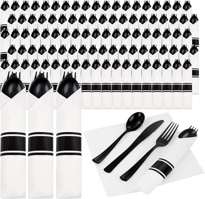 Supernal 120 Pack Black Plastic Silverware,Rolled Silverware Disposable,Pre Wrapped Cutlery Set with Napkin,Plastic Utensils Heavy Duty, Rolled Black Cutlery
