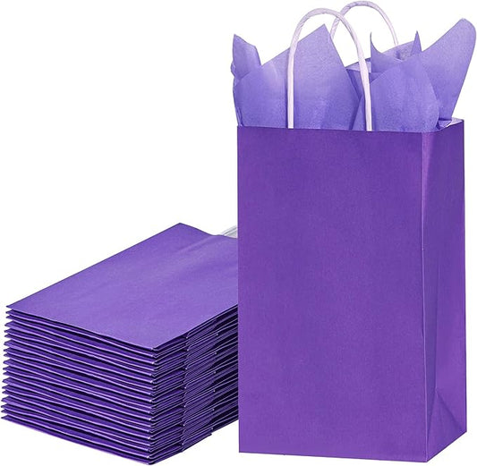 SUNCOLOR Purple Gift Bags with Tissue Paper, 24 Pack Small Kraft Paper Party Favor Bags with Tissue Papers, 7.9 x 5.12 x 3.15 Inches with Handles for Birthdays, Weddings, Bridal Showers